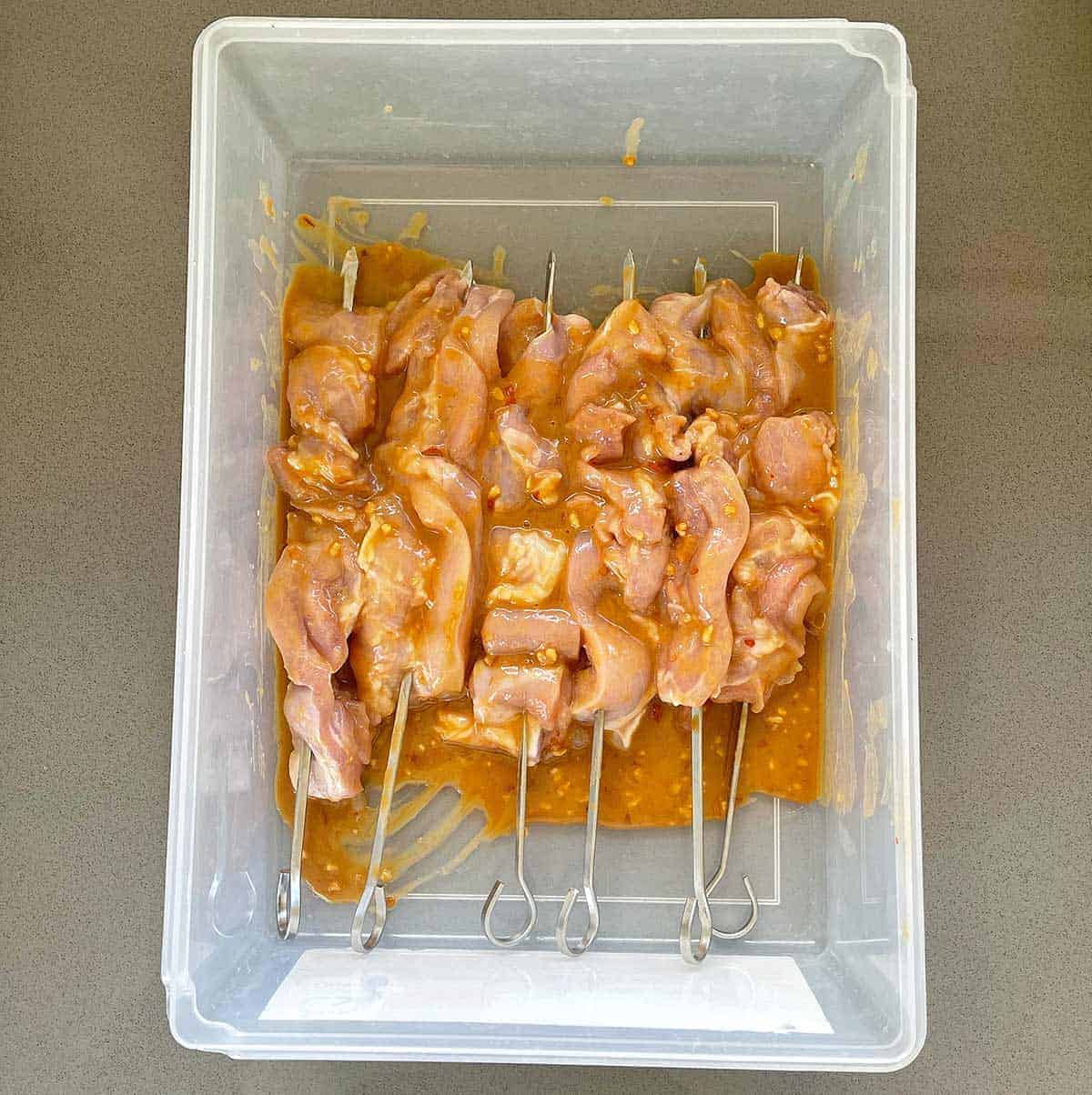 Chicken skewers and a satay marinade in a plastic container.