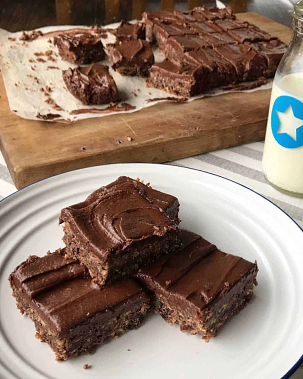 Three pieces of chocolate weetbix slice on a white plate next to a glass milk bottle with milk in it.
