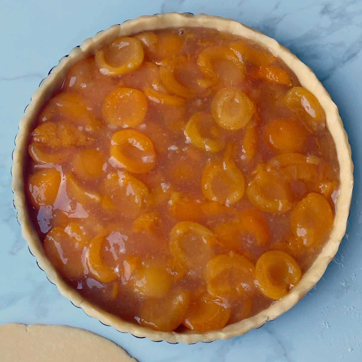 Uncooked apricot short crust pie without the top layer of pastry