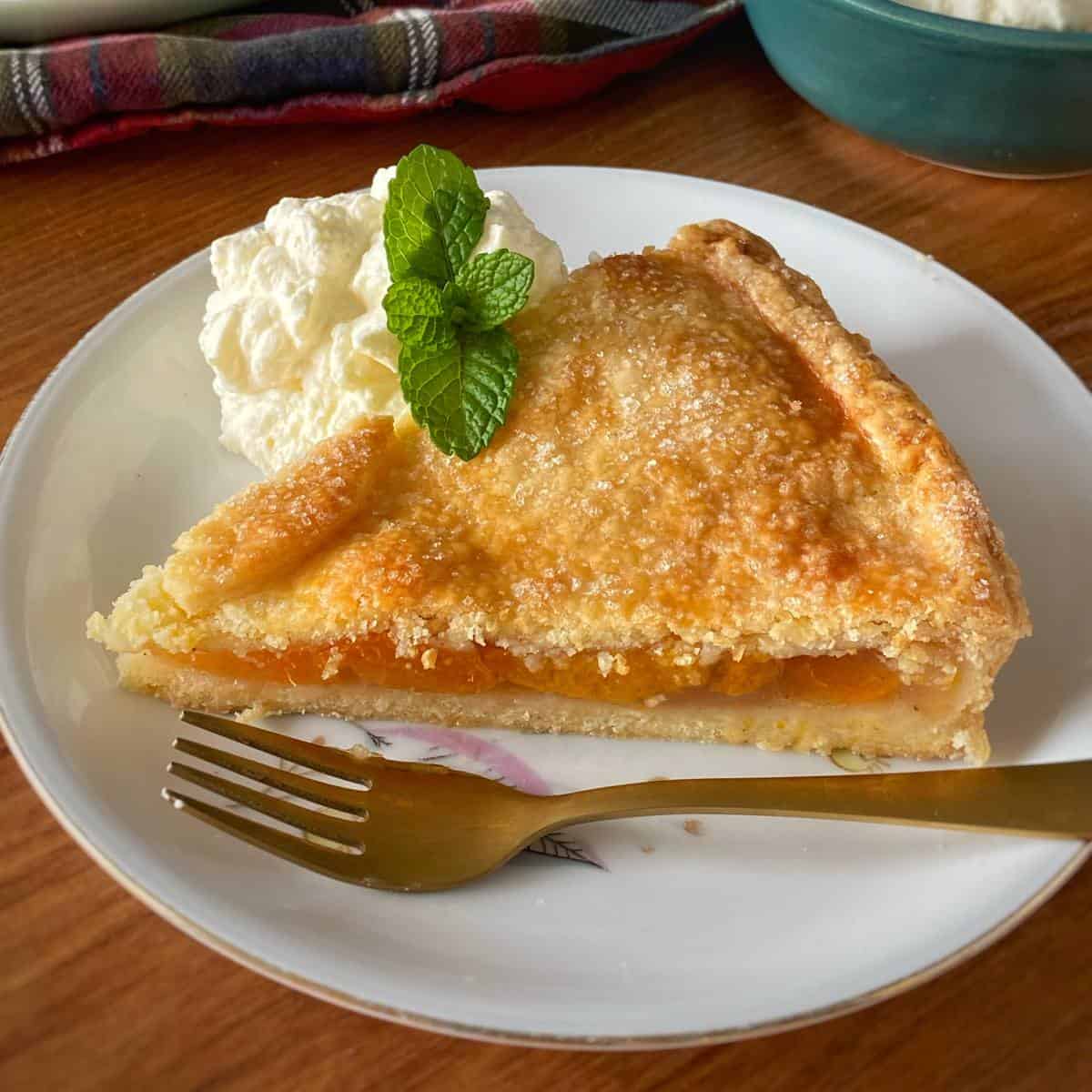 One slice of cooked apricot short crust pie on a white plate served with cream and a mint leaf