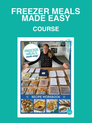 A green background with the words 'Freezer meals made easy' in white and 'course' in blue above the cover of a workbook.