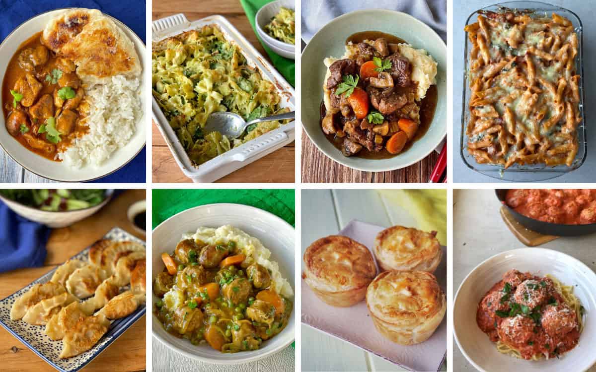 A collection of homemade meals that are also good for freezing.