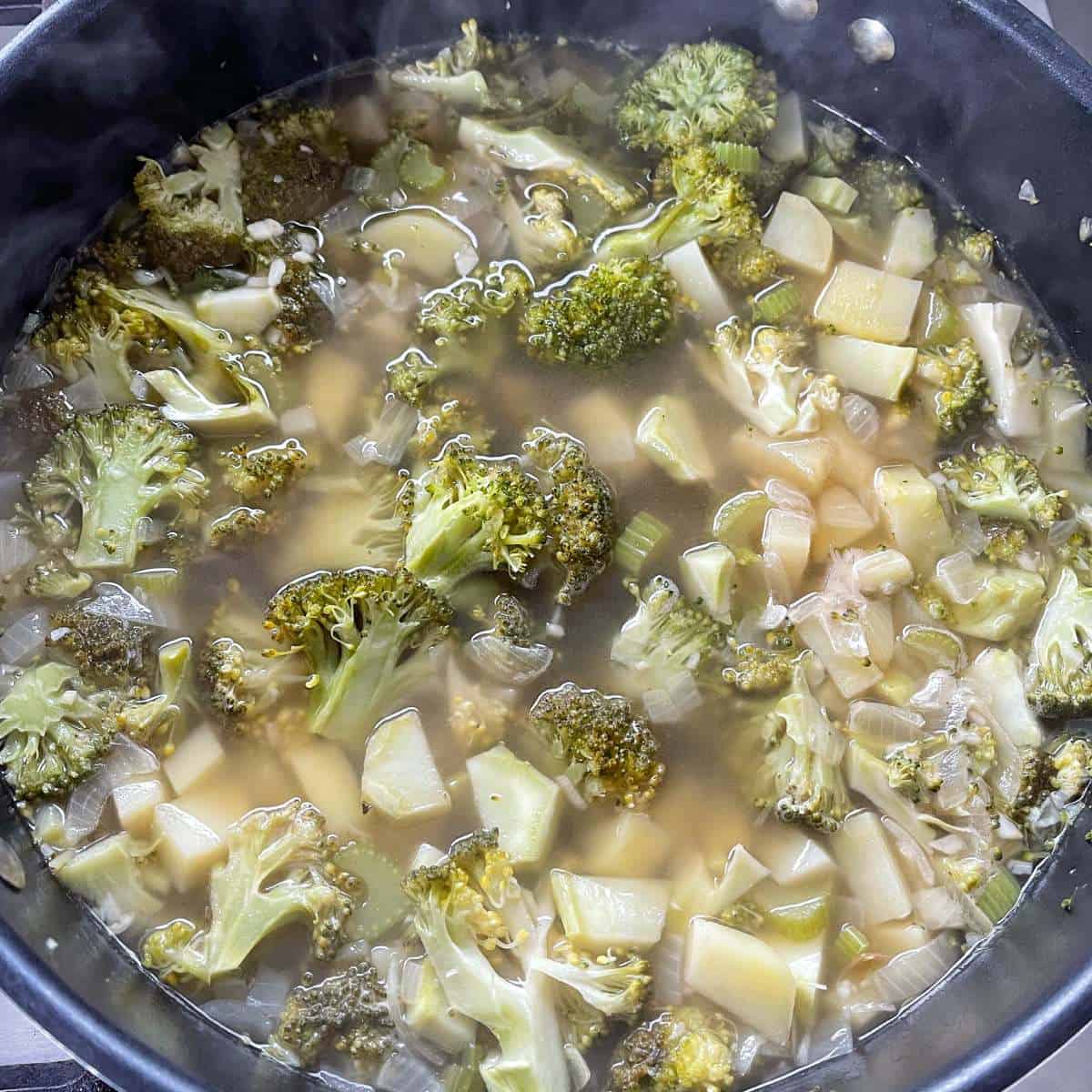 Broccoli, potato, celery, garlic, onion and stock simmering on a hob in a medium saucepan