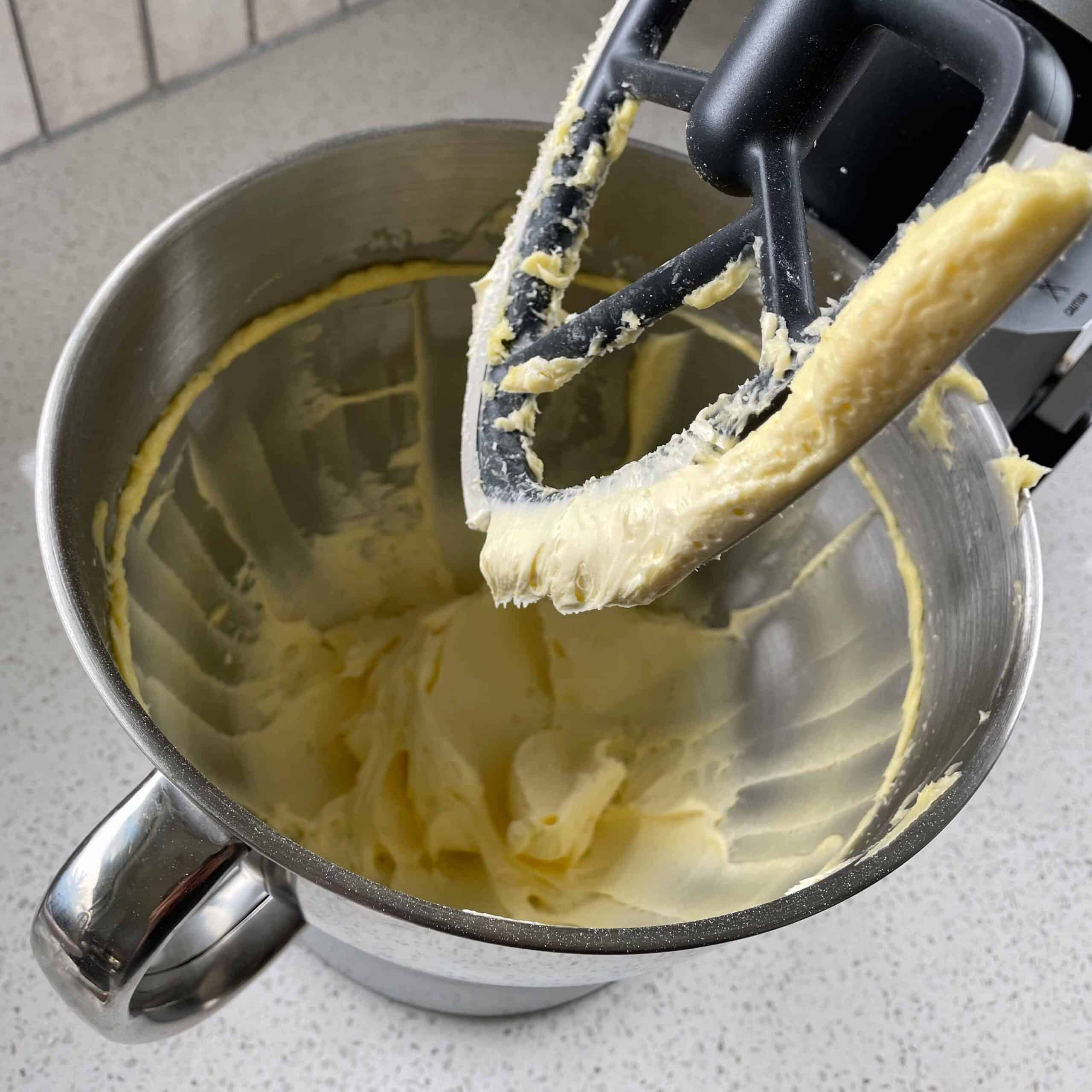 Butter and icing sugar creamed in a stand mixer.