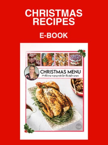 An ebook cover sitting on a red background with the words "My favourite Christmas recipes" in the background.