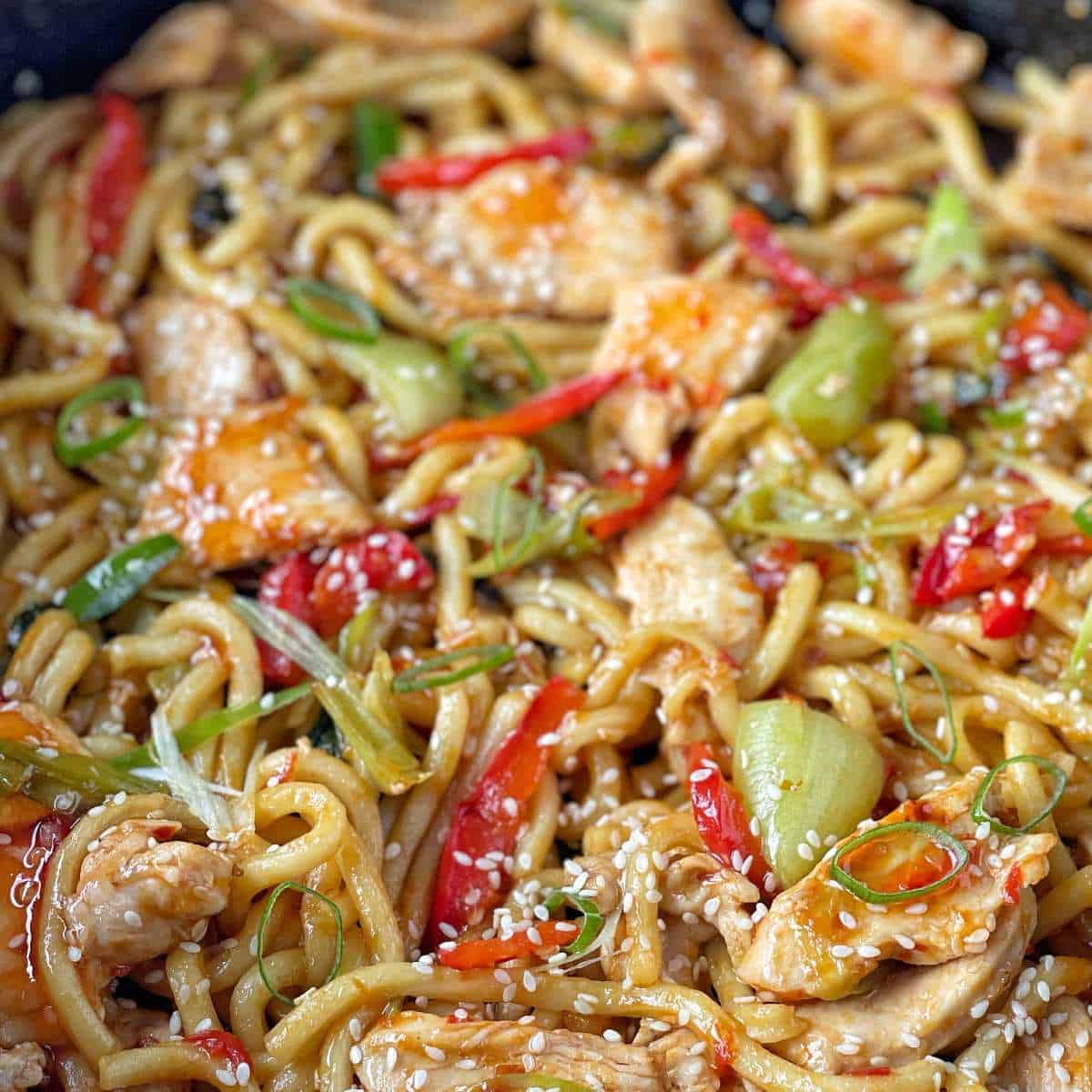 A close up of Sweet Chilli Chicken and Noodles