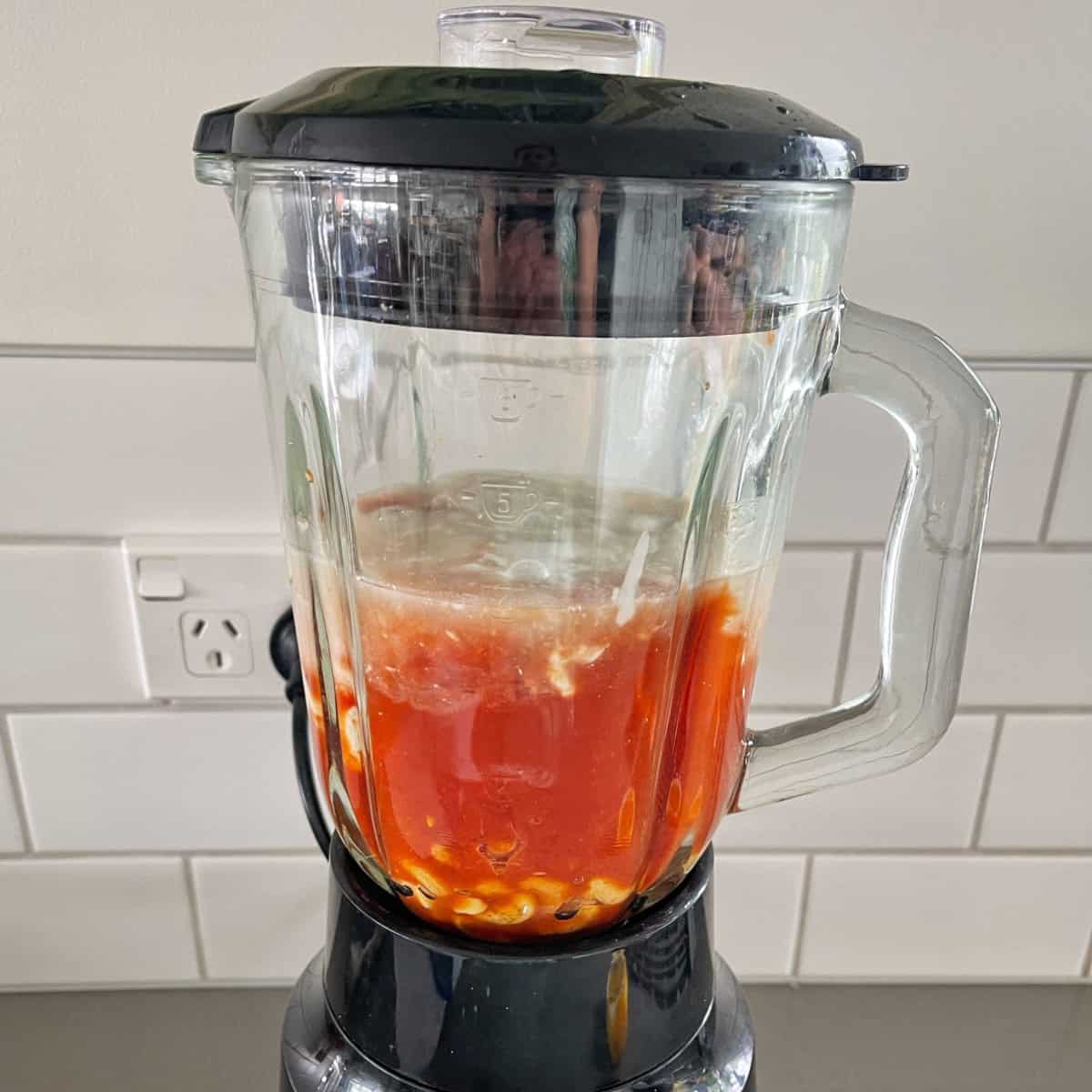Canned tomatoes and coconut milk in a blender.