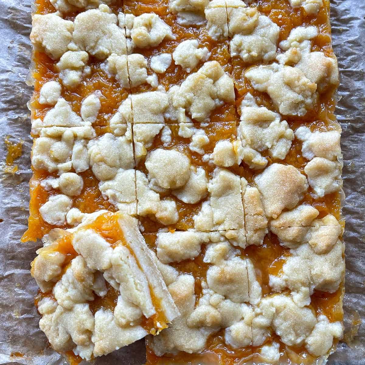 Baked Apricot Slice cut into pieces still on lined baking paper. One piece has been turned slightly to show the cooked through apricot.