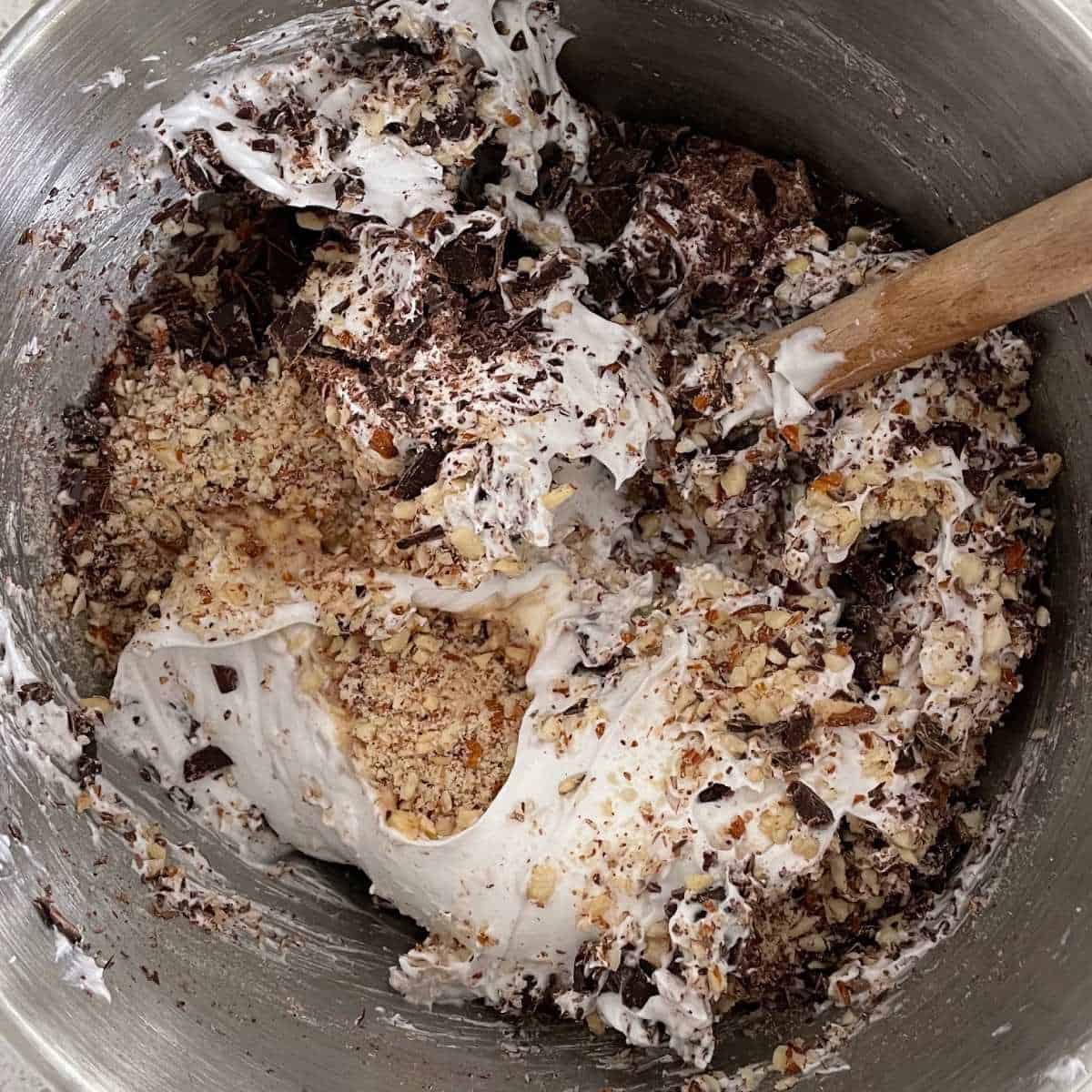 The combined mixture for Chocolate Almond Meringue Cookies in a mixing bowl.