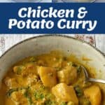 The process of making a chicken and potato curry.