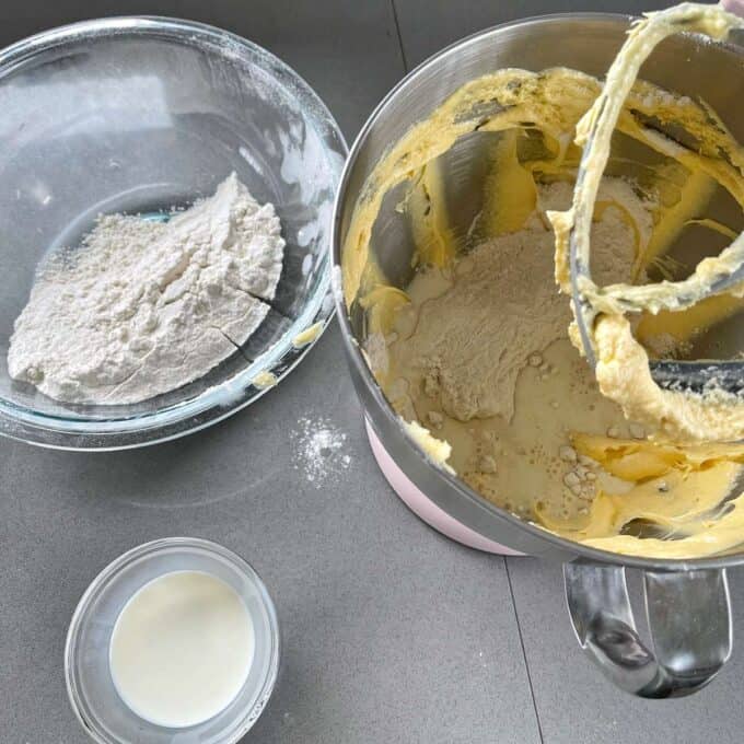 The wet and dry ingredients bring combined to make classic vanilla cupcakes.