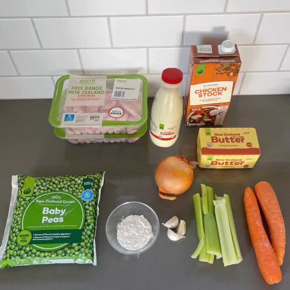 The ingredients for Creamy Chicken Casserole on a grey bench