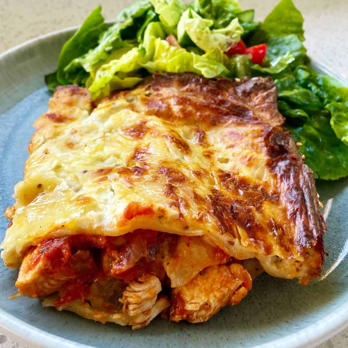 A close up shot of one portion of Chicken Lasagne