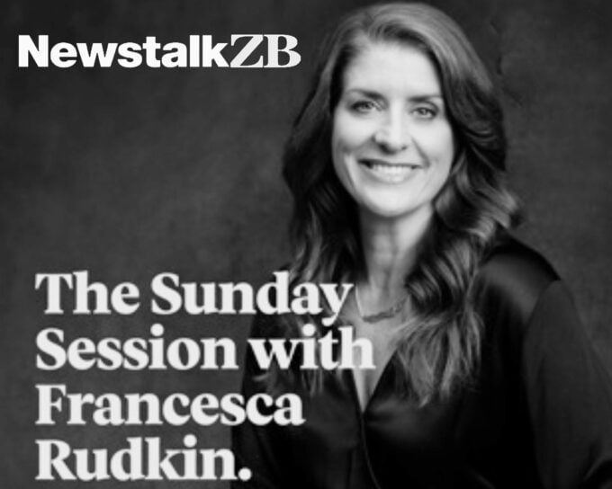 a black and white photo of a woman smiling with the words "Newstalk ZB. The Sunday Session with Francesca Rudkin" over the top.