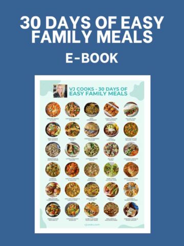 A blue background with the words "30 days of easy family meals ebook" in white over top and a picture of the cover of the ebook.