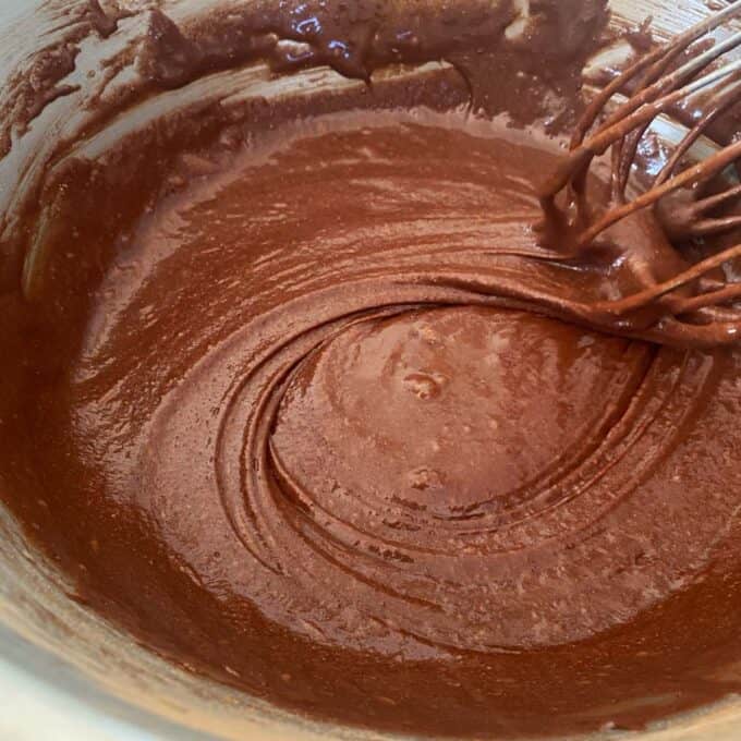 Brownie mixture in a mixing bowl.