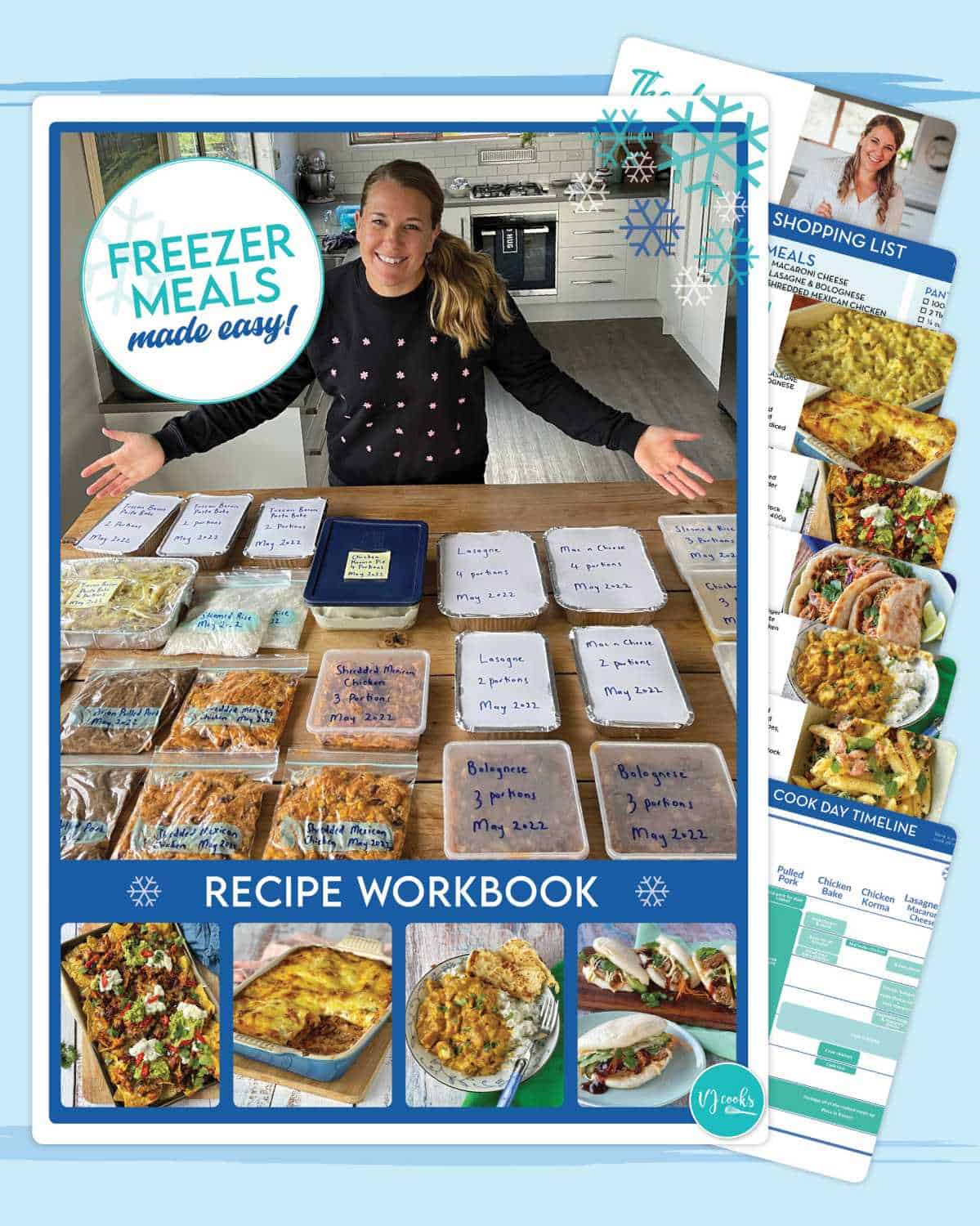 A woman stands behind a table filled with labeled freezer meal containers, alongside her Freezer Meals Made Easy recipe workbook and printed meal planning sheets.