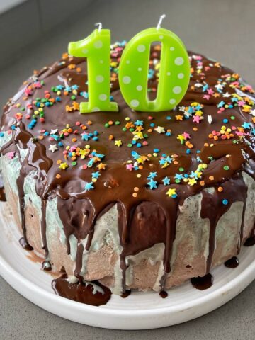 A chocolate Ice Cream cake covered in sprinkles with green number 10 candles on top.