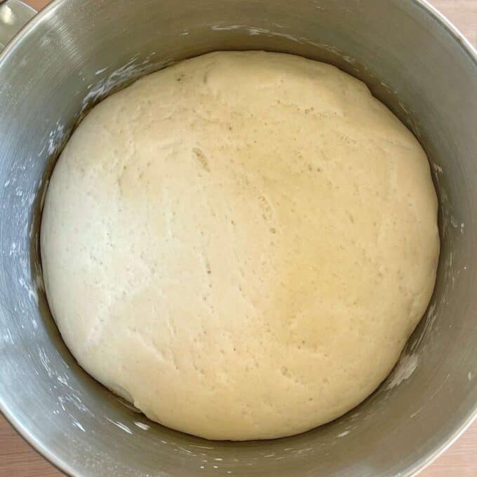 Pizza dough in a mixing bowl.