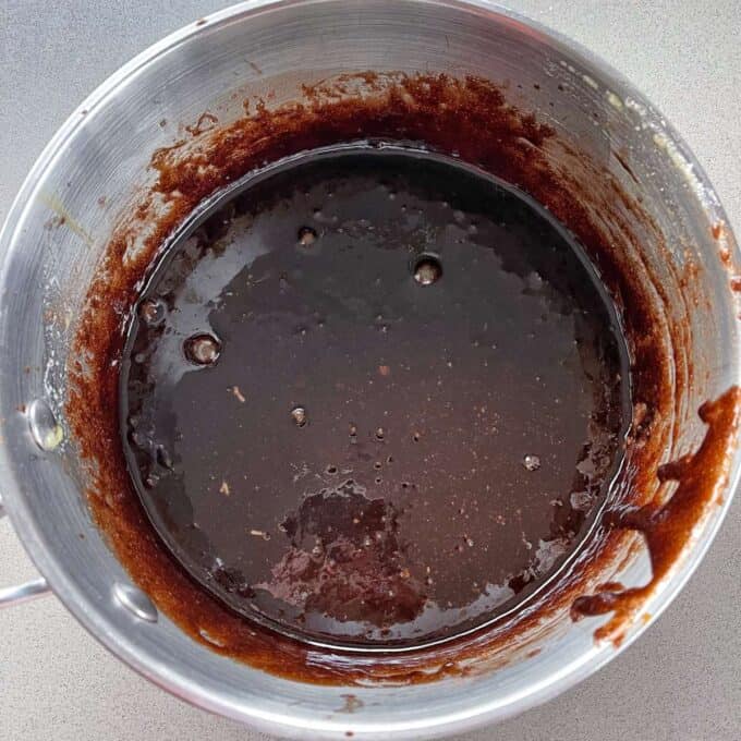 Melted chocolate in a large saucepan.