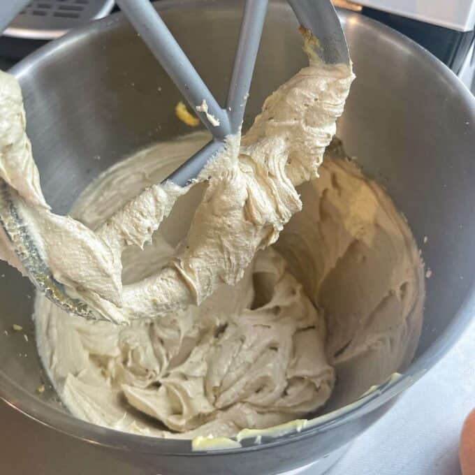 Creamed butter, sugar, golden syrup and vanilla essence in a cake mixer.