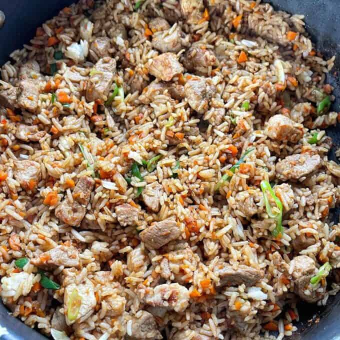 Nasi Goreng frying in a frypan.