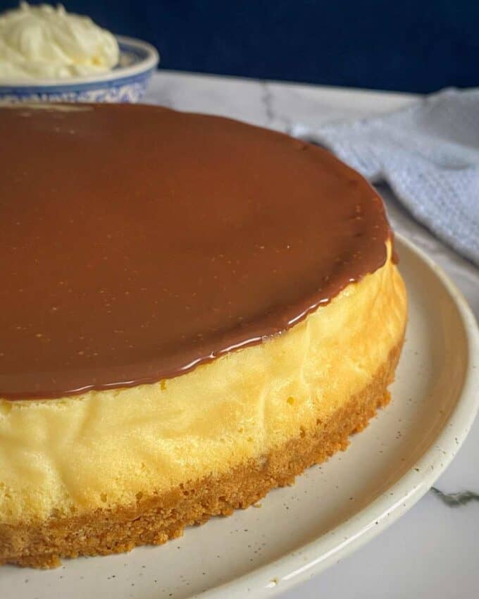 A close up shot of the cooked New York Cheesecake.