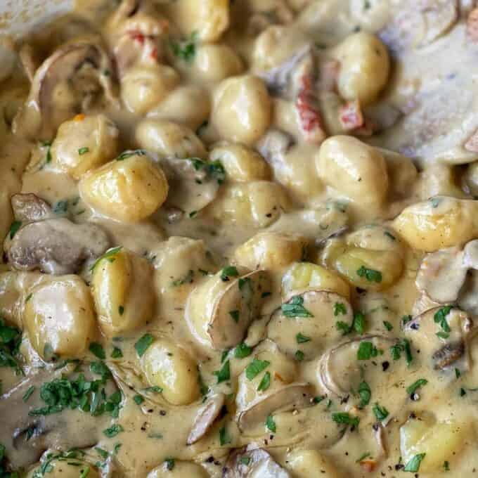 A close up of cooked Mushroom Gnocchi.