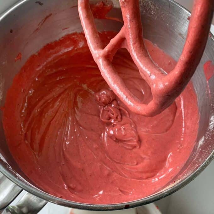 Red Valvet Cake batter in a mixing bowl.