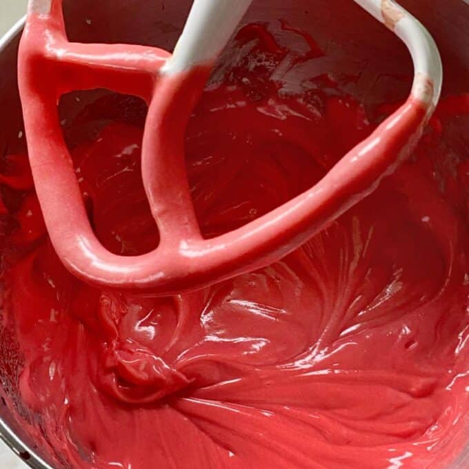 Red Valvet Cake batter in a mixing bowl.