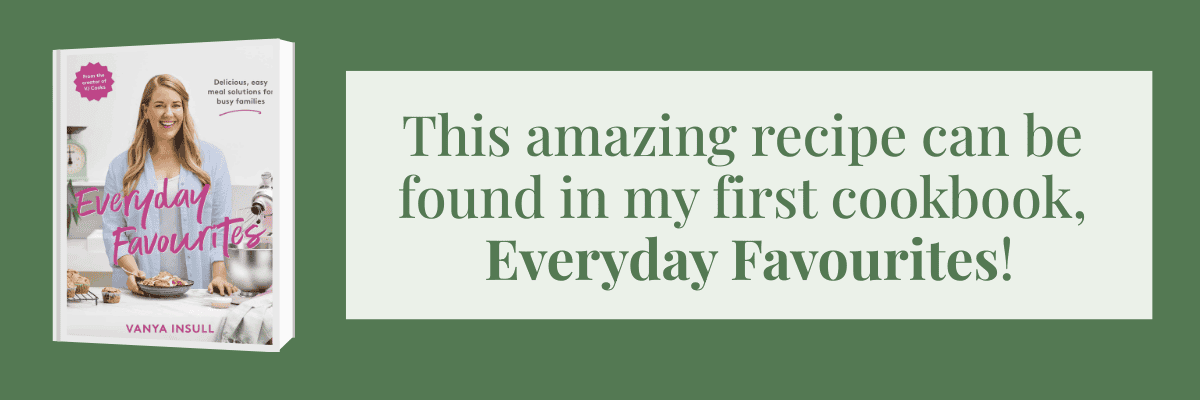 A cookbook titled Everyday Favourites by Vanya Insull is shown next to text promoting her delicious roasted pumpkin soup recipe from the book.