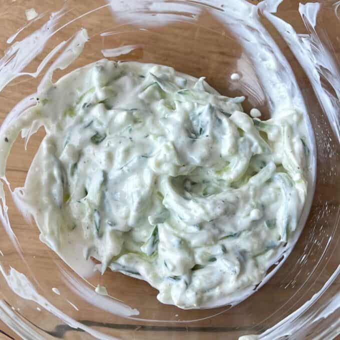 Homemade tzatziki in a glass bowl