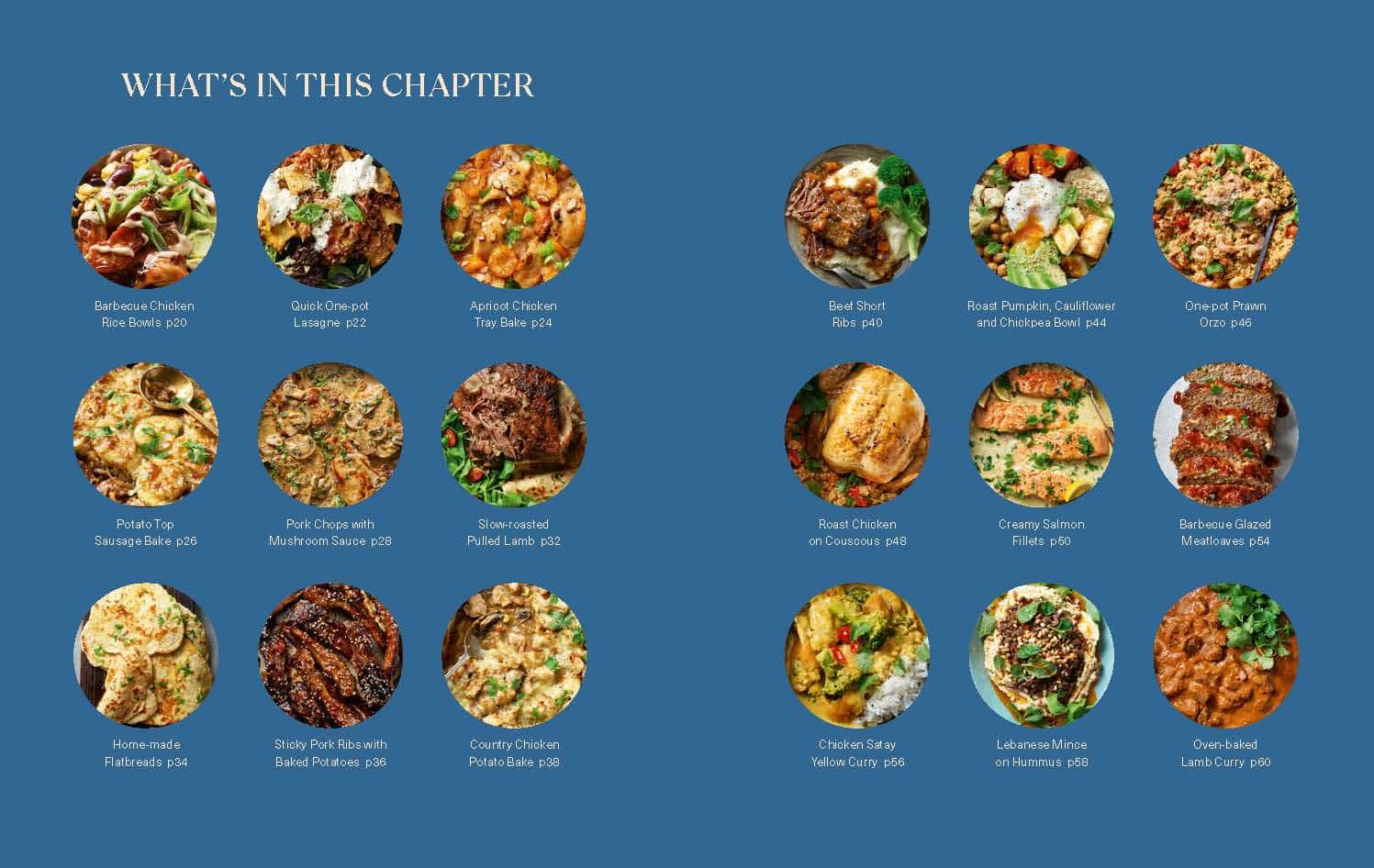 A blue background with circular pictures of recipes lined up in it.