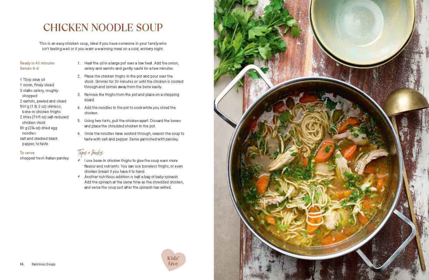 The recipe for chicken noodle soup on one side of the page then a picture of the soup in a pot on the other side of the page.