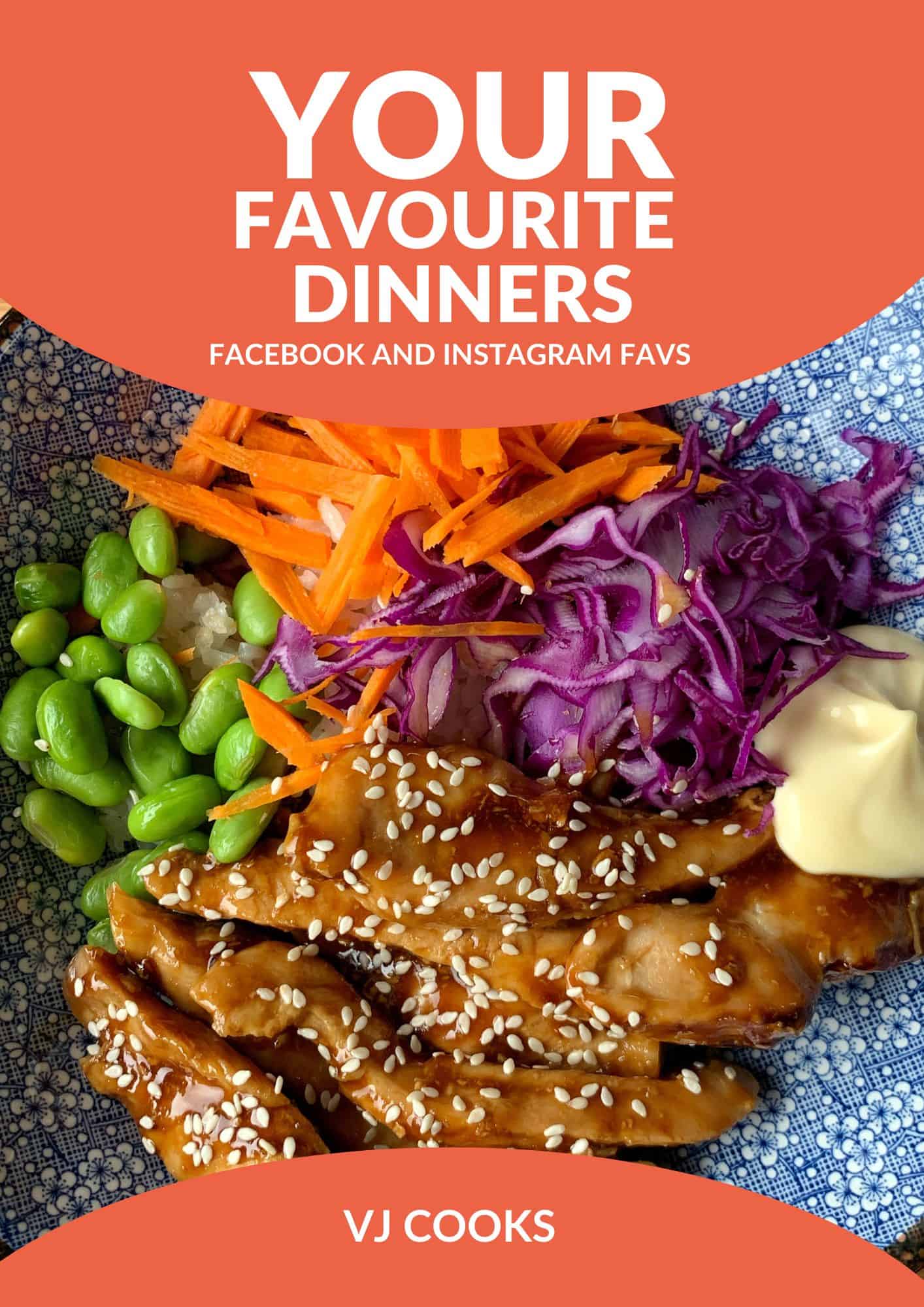 A bowl of teriyaki chicken with sesame seeds, edamame, shredded carrot, purple cabbage, rice, and a dollop of mayonnaise—discover this delicious idea among Your Favourite Dinners! Find more favorite dinner recipes above and below.