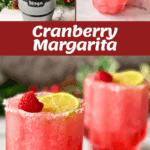 Cranberry margarita in a blender and poured into glasses, garnished with lime and berries.