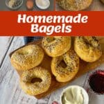 Ingredients and steps for making homemade bagels, including flour, yeast, seeds, eggs, and sugar; finished bagels topped with seeds, served with cream cheese and jam.