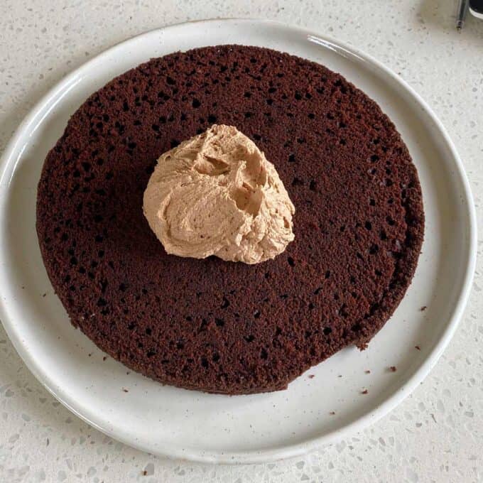 Buttercream icing on a chocolate cake.