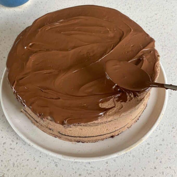 Chocolate being spread over top of a Nutella gateaux.