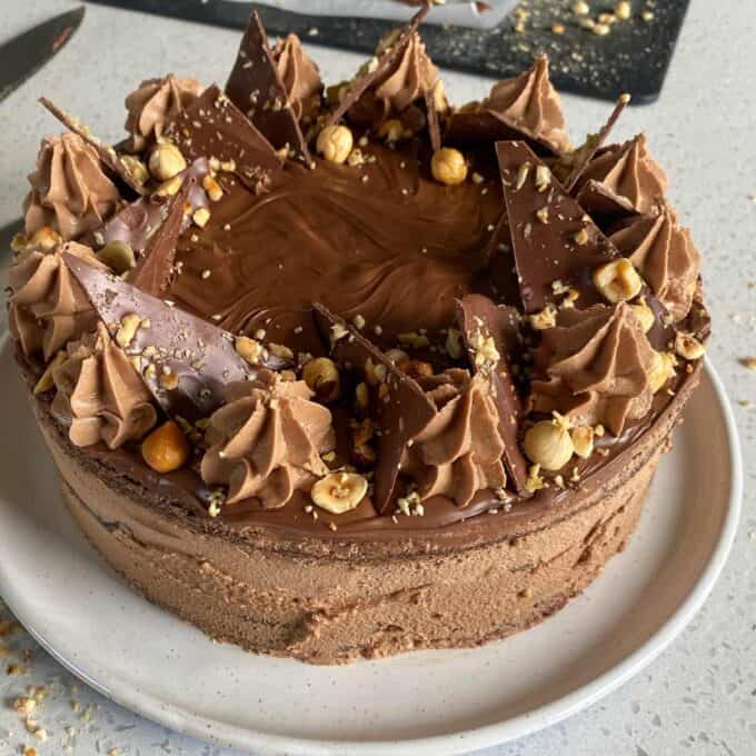 A close up of a Nutella gateaux on a white plate.