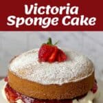 Ingredients and a finished Victoria sponge cake topped with strawberries and powdered sugar on a white cake stand.