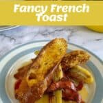 Ingredients for French toast including eggs, milk, bread, bacon, and bananas are shown, along with preparation steps and a plated serving of French toast with bacon and bananas.