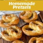 Collage showing homemade pretzels: ingredients and dough boiling in a pot at top, six baked pretzels with salt on a wire rack at bottom.