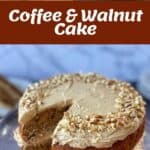 Ingredients and finished slices of a coffee and walnut cake with brown frosting and chopped walnuts, displayed on a glass cake stand.