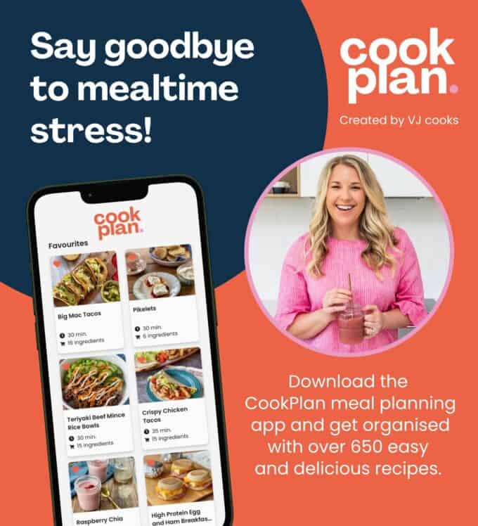 A promotional image for CookPlan, featuring a meal planning app on a phone and a smiling woman, with text highlighting over 650 recipes and an invitation to download the app.