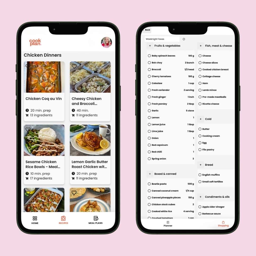 Two smartphones display a meal planning app - CookPlan; the left screen shows chicken dinner recipes and the right screen shows a categorized grocery list interface.