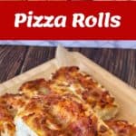 Ingredients for pizza rolls, unbaked dough with sauce, and finished baked pizza rolls topped with melted cheese on a tray.