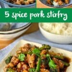 A plate and bowl of 5 spice pork stir-fry with broccoli, garnished with coriander, served with rice. Multiple views of the dish are shown.