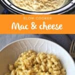 A slow cooker with cooked macaroni and cheese, and a bowl of served mac and cheese topped with breadcrumbs, shown on a table with a fork.