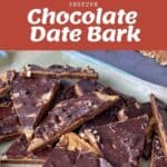 A tray of chocolate date bark pieces with visible nuts, alongside ingredients including dates, walnut pieces, peanut butter, and dark chocolate.